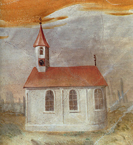 Ausschnitt aus dem Langhausdeckenbild von Gabriel Ignaz Thum mit Darstellung der Kirche vor ihrer Erweiterung (vor 1770)