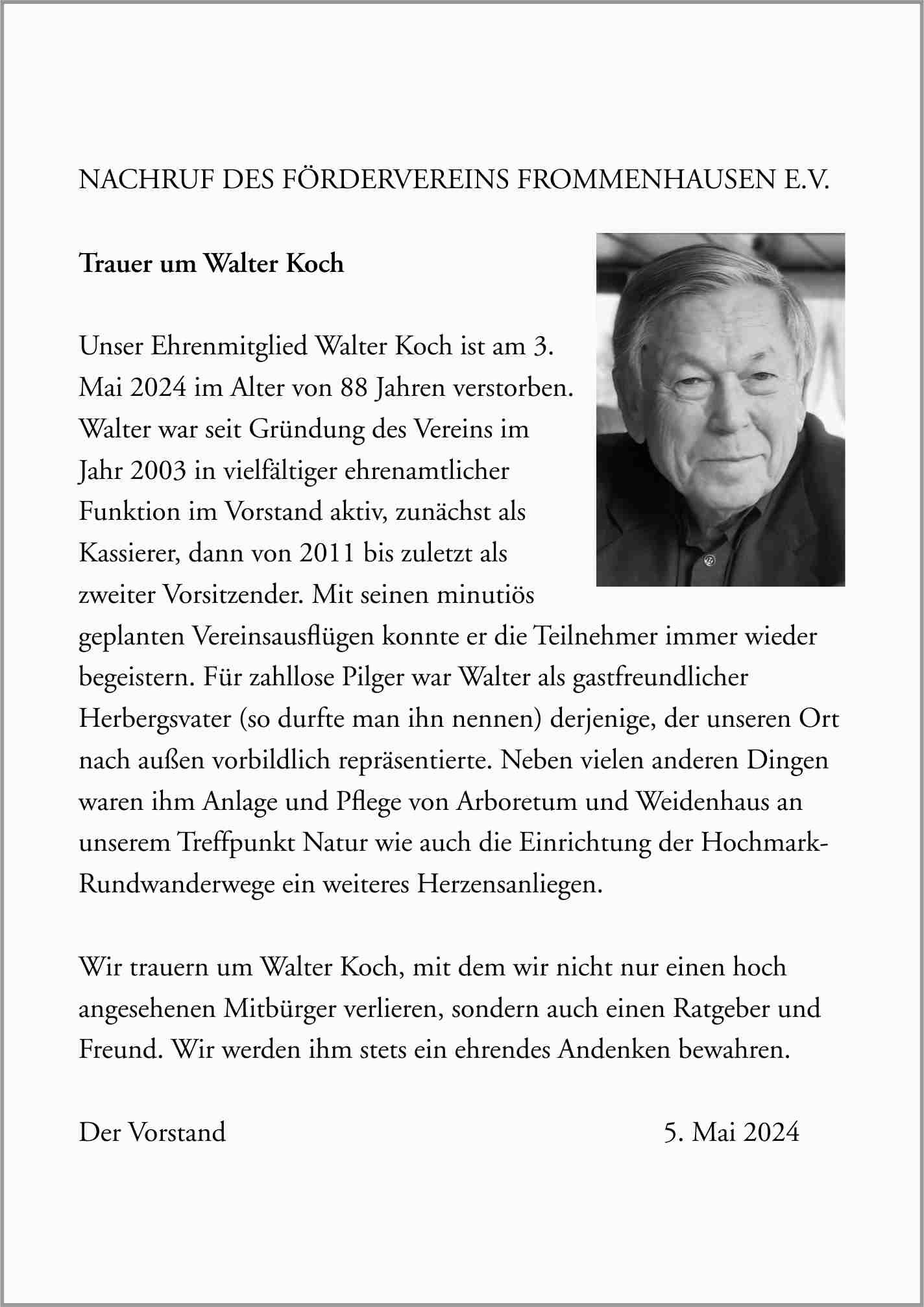 Wir trauern um unseren zweiten Vorsitzenden Walter Koch